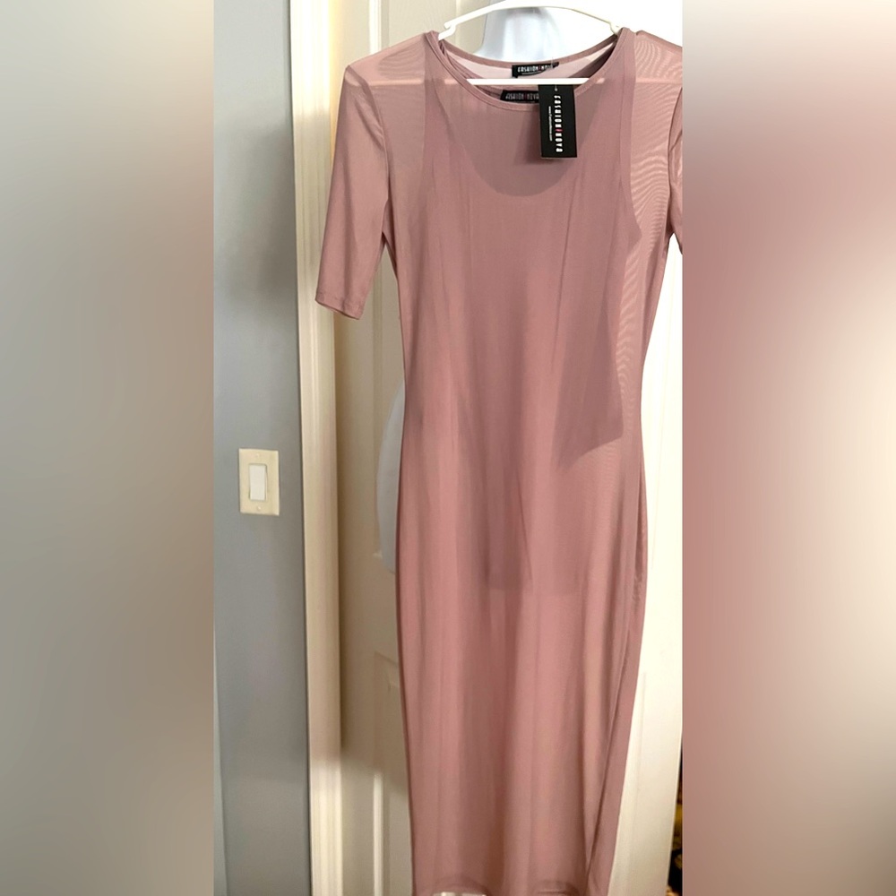Sheer Pink Midi Dress with bodysuit lining